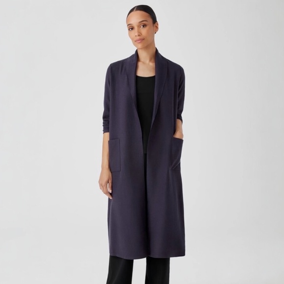 EILEEN FISHER Black Wool Open Front Long Jacket Duster Size P/M
